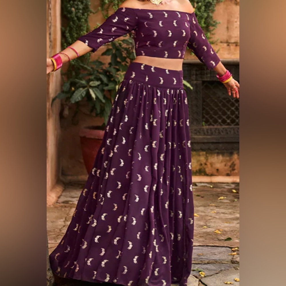 Beautiful off the shoulder plum and gold lengha